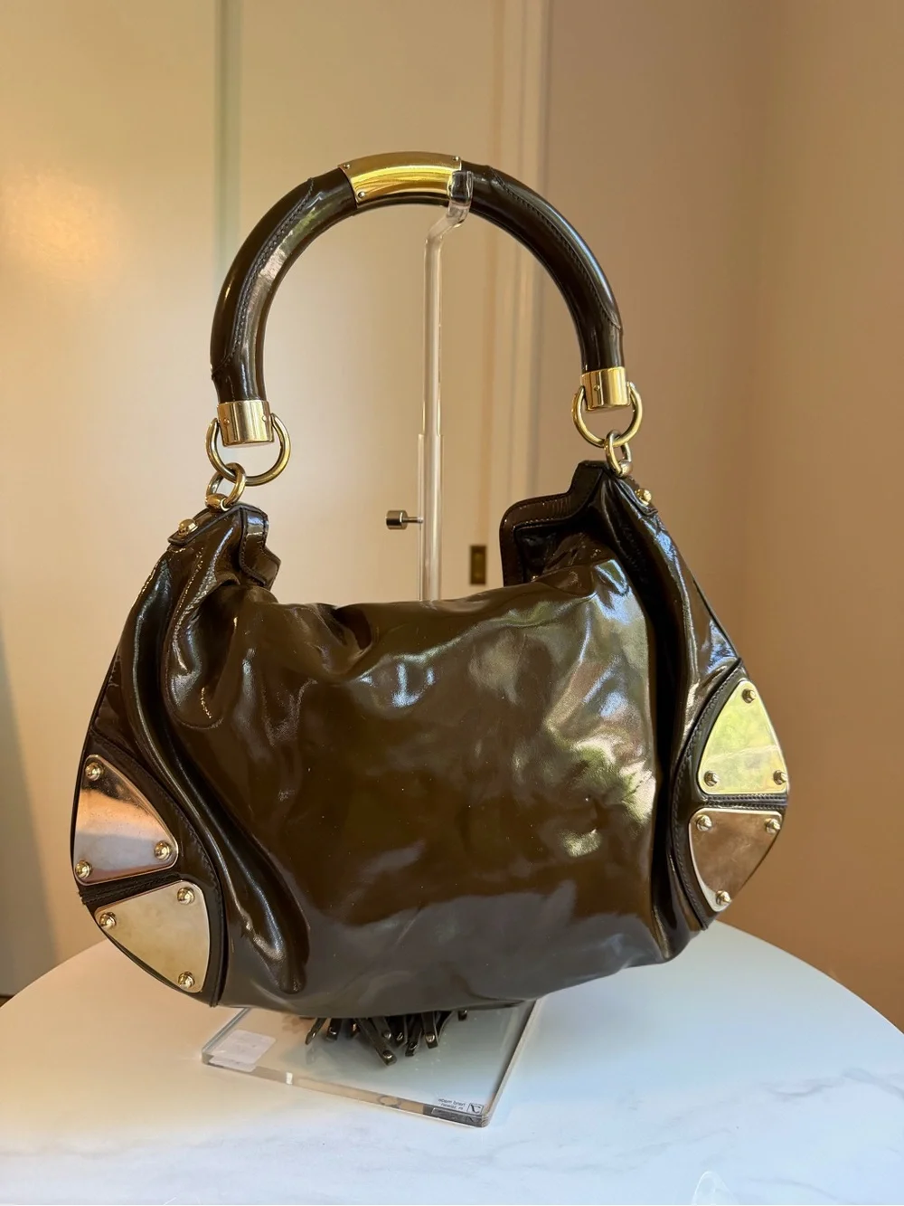 Gucci Indy Medium Brown Patent Leather Bamboo Hobo Bag